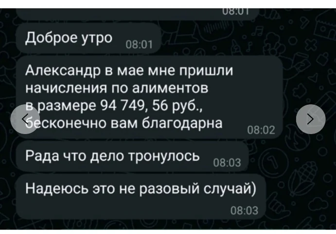 Обезличенный фрагмент материалов по кейсу: Клиент сообщил о начислении алиментов 94 749,56 ₽